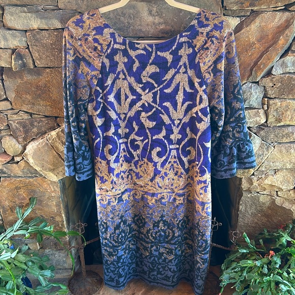 Purple, Blue & Gold Patterned Size 12 Dress; Mid Calf; Scoop Neck; 3/4 Sleeves - Picture 4 of 10